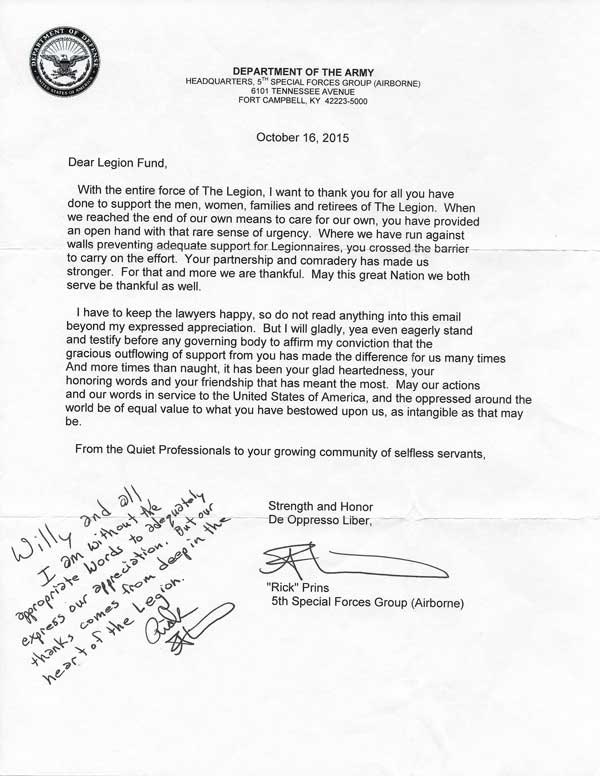 letter from rick prins 5th special forces group airborne to the legion fund nonprofit